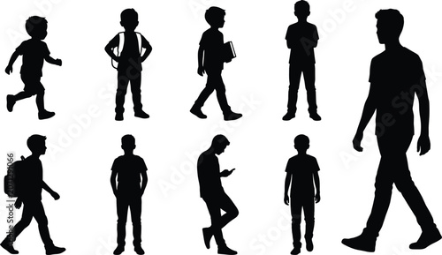 School Boys Silhouette Collection with Students Walking Standing Running and Learning