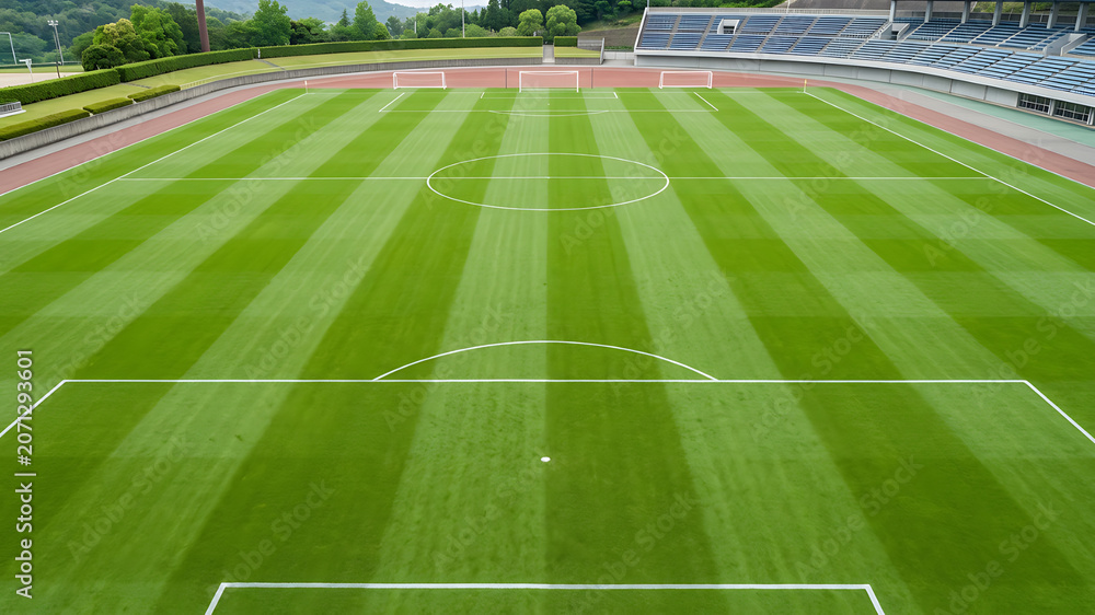 Fototapeta premium Green grass seamless background texture. Aerial top view of green turf surface from a garden lawn, football pitch, sports field.
