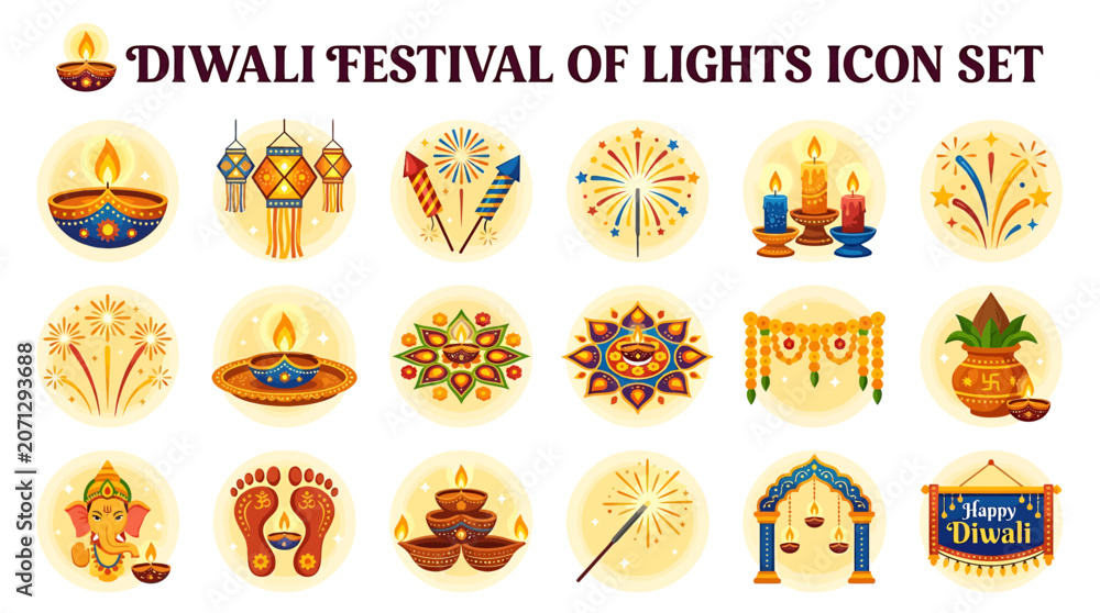 Fototapeta premium Diwali festival of lights icons showcase various traditional Indian decorations and symbols.
