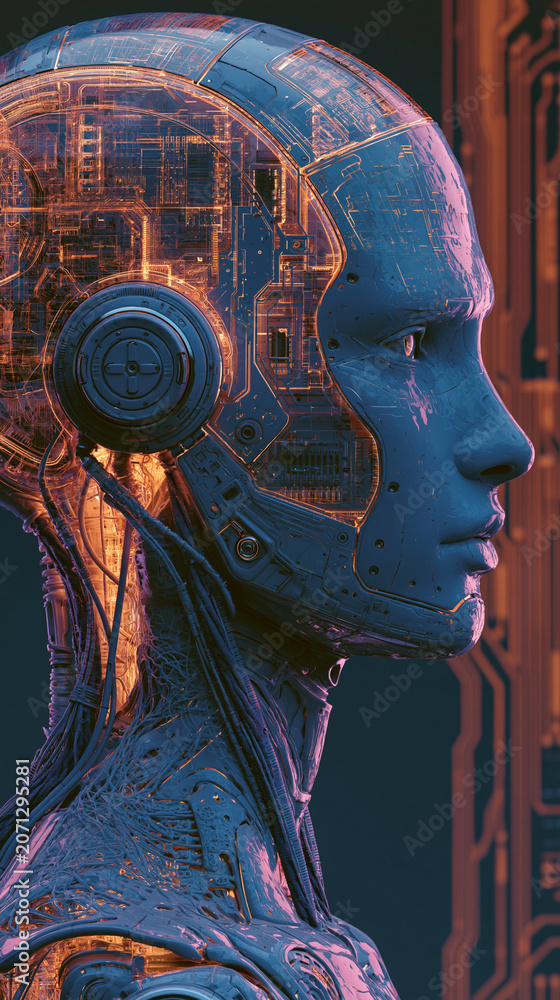 Fototapeta premium AI Cyborg Portrait: A detailed close-up of a cyborg's head in profile, showcasing intricate circuitry and a blend of human and artificial features.