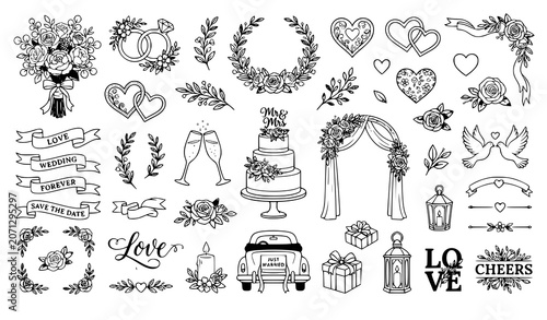 Bild auf Leinwand Hand Drawn Line Art Wedding Graphic Element Vector Collection Featuring Getaway