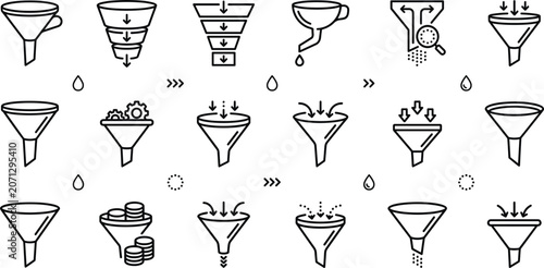 Sales funnel vector icon set with marketing pipeline stages business data filter linear art illustration graphics