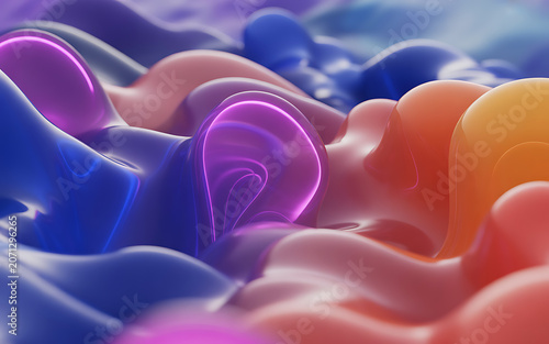Abstract fluid shapes in purple blue and orange a vibrant 3d rendering with glossy surfaces forms digital