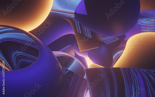 Curved metallic objects in shades of gold purple and blue a 3d rendering composition abstract art arrangement