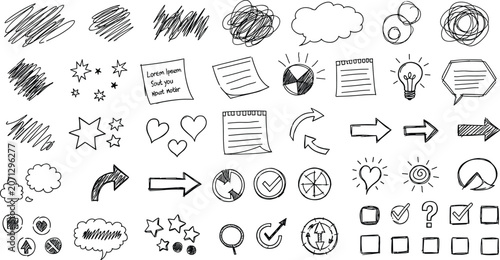 Fotografia Hand drawn doodle sketch icons with arrows shapes notes and infographic elements