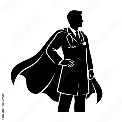 Super Doctor,Super Doctor Silhouette with Cape Medical Hero Vector