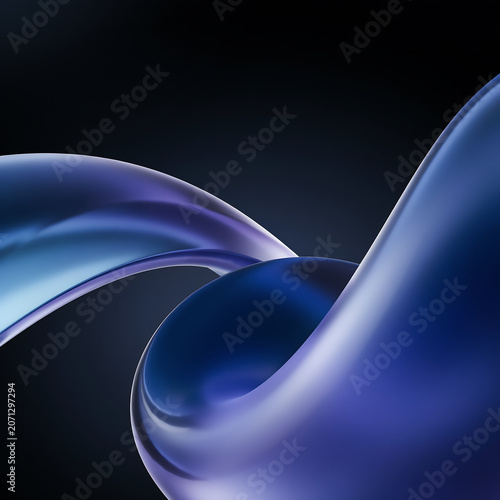 Abstract fluid shapes with iridescent blue and purple hues create a dynamic visual composition curves forms swirls