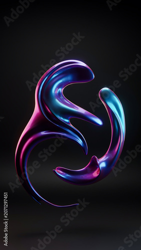Iridescent fluid shape with swirling curves presents a glossy three dimensional rendering against a dark backdrop curve