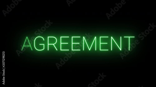 Flickering neon green glowing agreement sign animated black background.