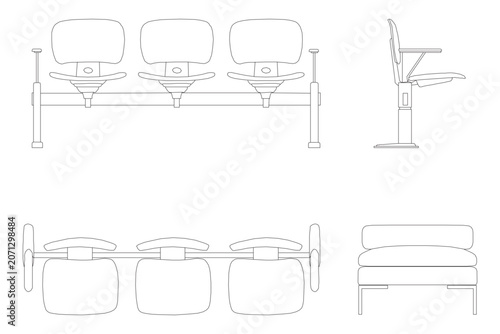 Set of professional office waiting room seating and furniture pieces showing multiple perspectives and views.
