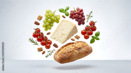 Assortment Of Food Items Floating Against A Light Gray Background