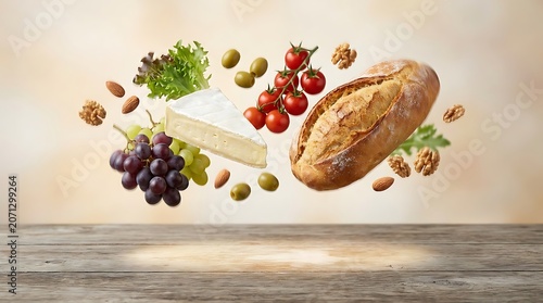 Floating Food Arrangement With Bread Cheese And Grapes Still Life Photo