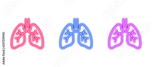 Foto Neon glowing lungs vector icons set, respiratory system, anatomy organs, breathi