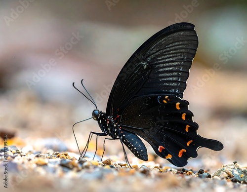 A vibrant black butterfly rests on the ground. Its dark wings are marked with small orange spots near the edges, creating a striking contrast