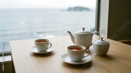Tea set on a wooden table with a scenic ocean view