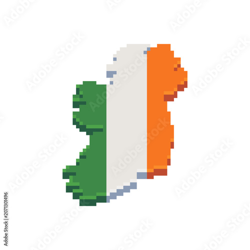 Pixel art map of Ireland in national flag colors. Retro 8-bit geographic illustration featuring the island silhouette in classic pixelated game style.