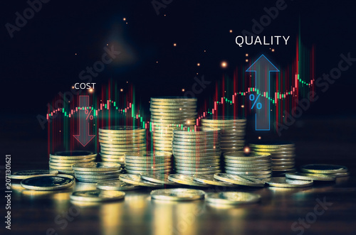 Business optimization concept showing cost reduction and quality improvement with financial chart and stacked coins. Represents efficiency, profitability, operational excellence and strategic growth.