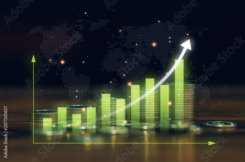 Financial growth concept with stacked coins, rising bar chart, upward arrow and global market background. Investment success, wealth management, economic expansion and business profitability analytics