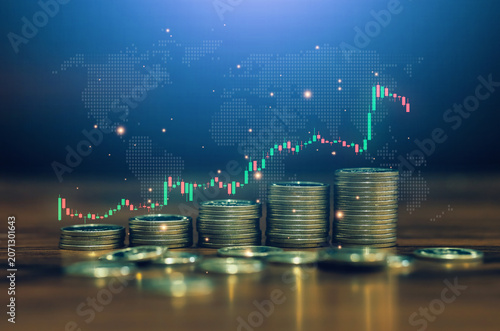 Stacked coins with candlestick trading chart and world map background representing stock market performance, investment strategy, financial growth, forex analysis and global economic trends.
