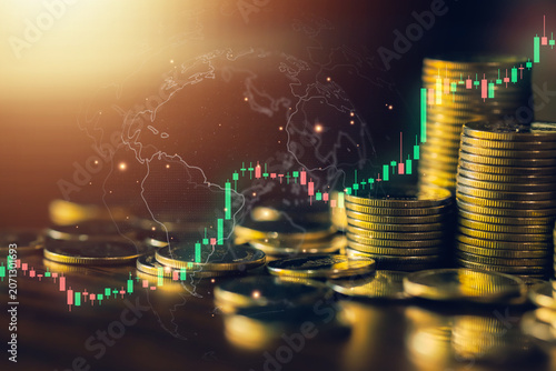 Global investment concept featuring coin stacks, world map and financial chart. Illustrates international markets, economic growth, wealth creation, trading activity and business expansion.