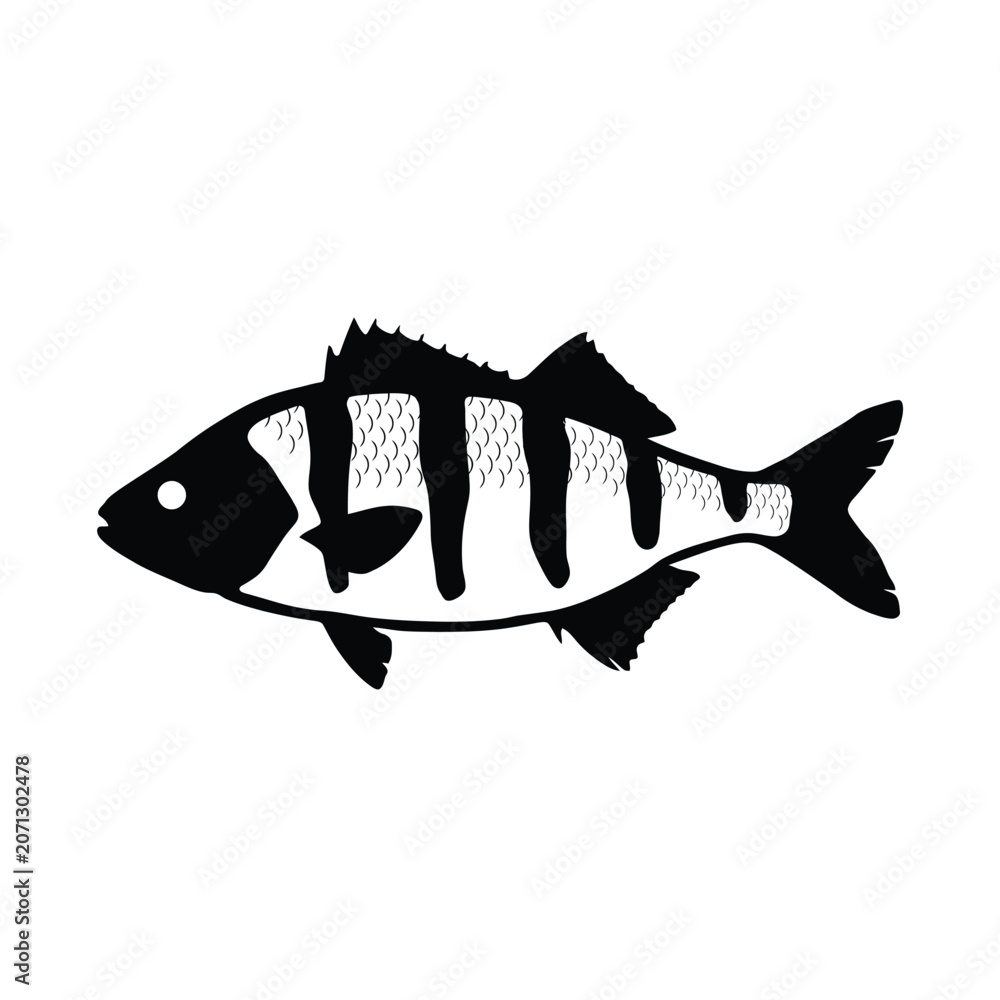 Fototapeta premium Stylized black fish silhouette with scale details isolated on a white background