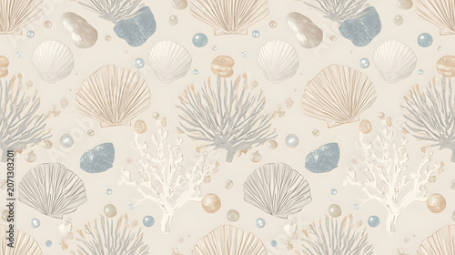 Seamless summer pattern with elegant seashells, pearls and coral