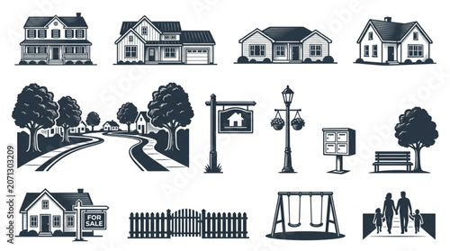 Collection of Residential House Illustrations and Neighborhood Elements.
