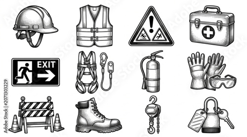 Collection of Safety Equipment and Warning Signs for Construction and Work.