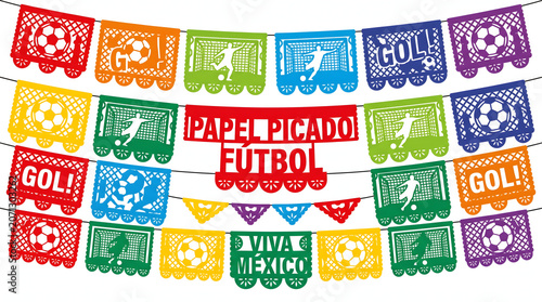 Mexican Papel Picado Soccer Banner Set, Colorful Fiesta Bunting Garlands with Football, Gol, and Viva Mexico Cutout Designs, Vector Illustration Isolated on White