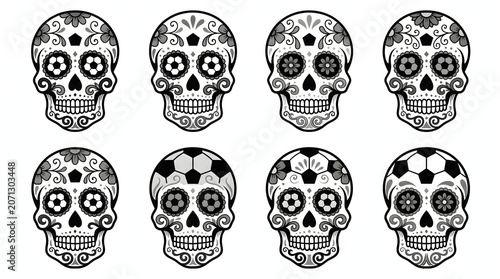 Mexican sugar skulls collection with soccer ball motifs, Day of the Dead calaveras vector set isolated on white background
