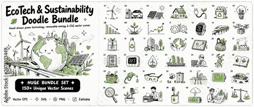 EcoTech & Sustainability Doodle Bundle, Eco friendly doodles, Sustainable icons, Green vector graphics, 102 icons set