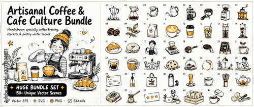 Artisanal Coffee, Cafe Culture Icons, Vector Bundle, 40 Elements