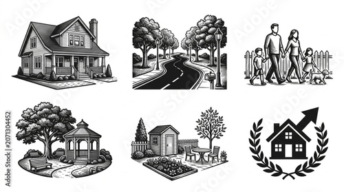 Collection of six black and white illustrations depicting houses and family.