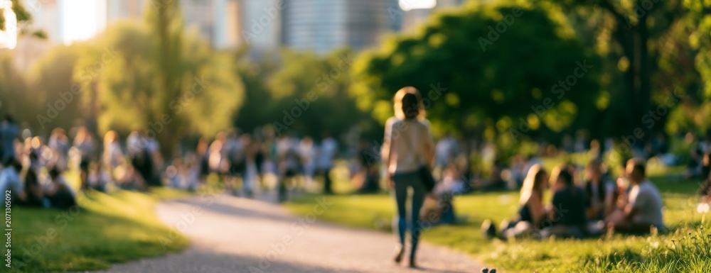 Obraz premium Woman walking in sunny park with many people enjoying outdoors, blurred background 