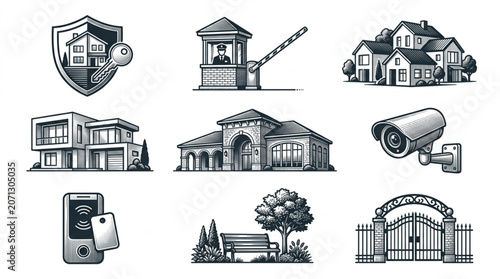 Collection of security and home protection illustrations and icons.