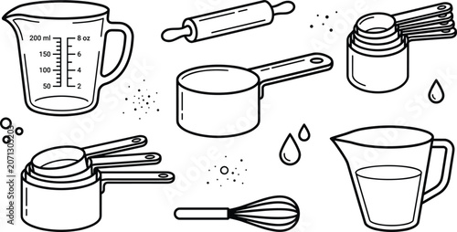 Canvas Print Kitchen measuring cups and jugs icons set with rolling pin and whisk vector line