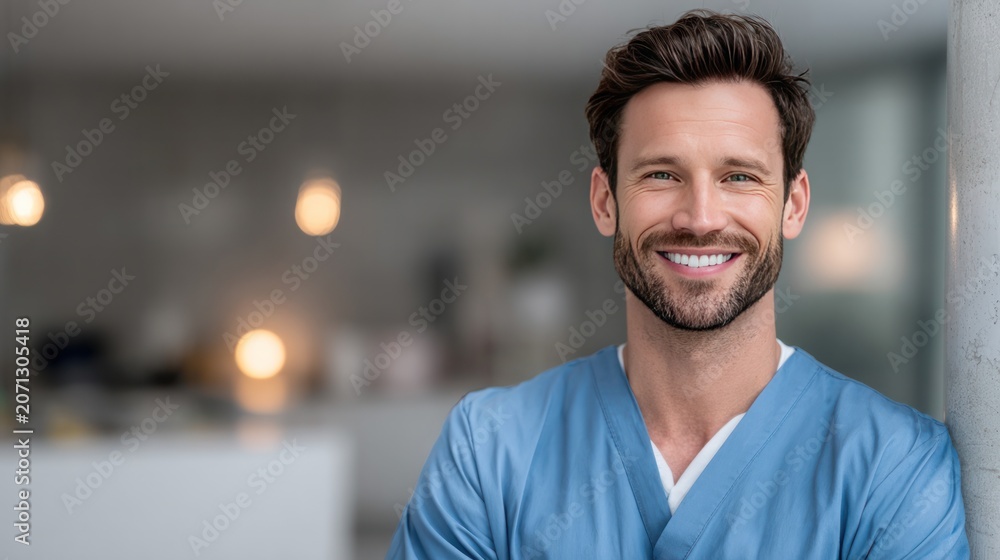 Fototapeta premium Smiling Healthcare Professional: A confident and friendly male healthcare worker, wearing blue scrubs, smiles warmly at the camera, embodying care and professionalism in a medical setting.