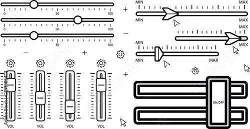 Foto Slider controls and volume faders icons set with toggle switches configuration s