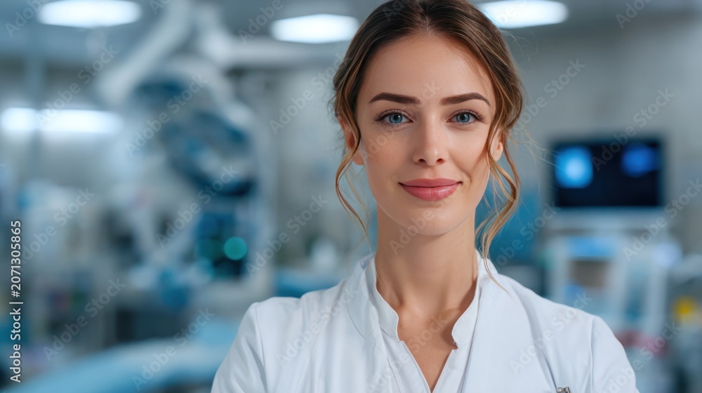 Fototapeta premium Medical Professional in Hospital: A confident and focused female doctor, wearing a white lab coat, stands in a brightly lit hospital setting, exuding professionalism and care.