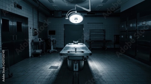 Dark and moody autopsy room interior with stainless steel morgue table