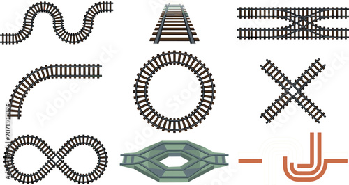 Railway Track Vector Set Featuring Curved Railroad Elements Circular Trains Infinity Loop Crossing Intersection Perspective and Switch Track Graphic Icons