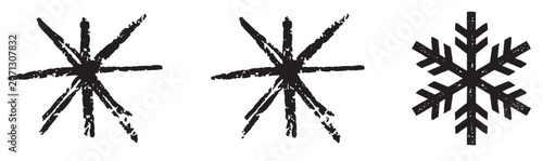 Tableau sur toile Hand drawn snowflake and retro starburst vector elements pack, black ink textured winter crystal and asterisk icon isolated on white background