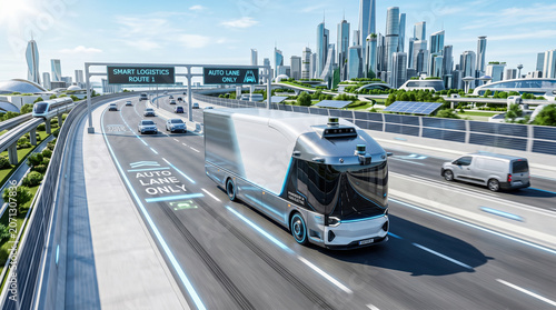 Futuristic autonomous electric delivery truck driving along designated smart city highway lane representing advanced urban transportation logistics commercial cargo shipping technologies