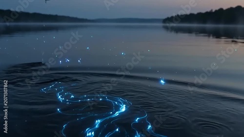 On the vast lake, bioluminescent plankton swayed with the waves, and oars left large, flowing, fluorescent blue streaks as they cut across the surface, the ripples slowly spreading and dissipating.