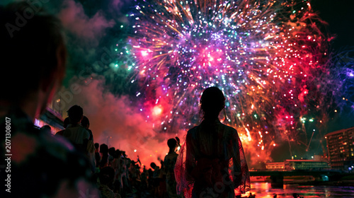 A Low-Angle Shot from a Riverbank Looking Up at a Massive Fireworks Display with People in Yukata