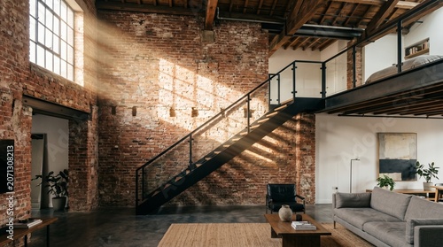 Modern industrial living space featuring a steel staircase and rustic red brick wall in sunlight