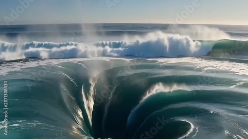 In the deep sea, giant underwater currents churn the surface, creating a ring-shaped eddy. Fine water droplets rise upwards, and sunlight penetrates the mist, forming multiple ring-shaped halos. 