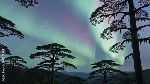 Above the primeval forest, a vast expanse of flowing aurora borealis entwined the tall tree canopies, with pale green and pinkish-purple bands of light slowly shifting. 