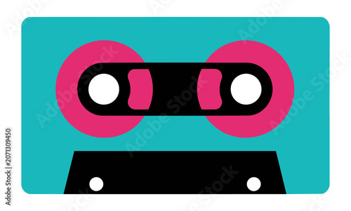 Retro analog cassette tape icon with minimalist geometric shapes and bold flat colors isolated on white background music media concept