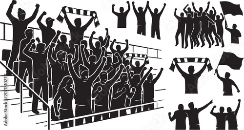 Obraz na płótnie Black silhouette collection of passionate sports fans in stadium stands with sil